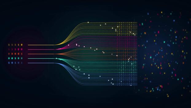 dados em processamento e em formação fluxo visualização com binário código padrões em Sombrio fundo video