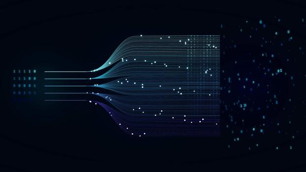 dados em processamento fluxo visualização com digital binário código padrões em Sombrio fundo video