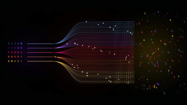 Data processing flow visualization with digital binary code streams on a dark background video