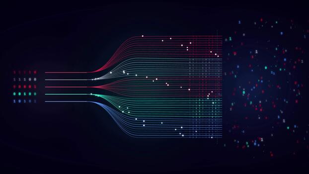 Data processing flow chart with binary code and network lines on a dark background video