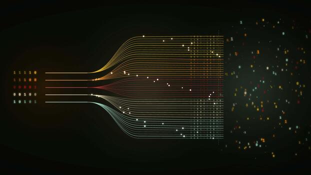 dados transmissão e binário código em processamento visualização com brilhando digital linhas em Sombrio fundo video