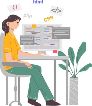 Female programmer building and optimizing software, analyzing code on computer screen vector