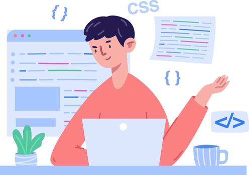 desarrollador haciendo código para programación sitio web con computadora portátil, rodeado por codificación elementos vector