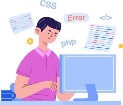 Male programmer creating software, facing and resolving bugs while developing applications vector