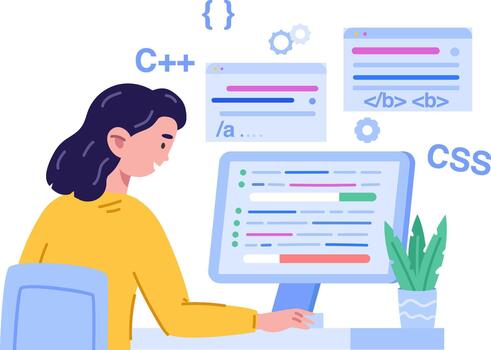 mujer desarrollador programación en escritorio computadora con varios codificación idiomas vector