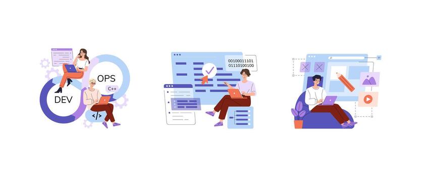 desarrolladores codificación devops y web diseño en laptops conjunto vector