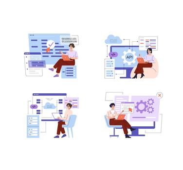 Software Developers Managing API Integration and Testing Set vector