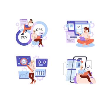 desarrolladores trabajando en devops codificación y aplicación pruebas conjunto vector