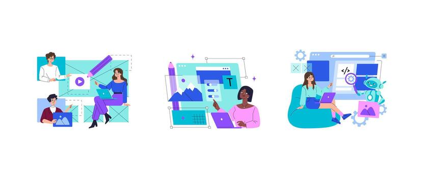 web diseño equipo creando aplicación interfaz y codificación conjunto vector