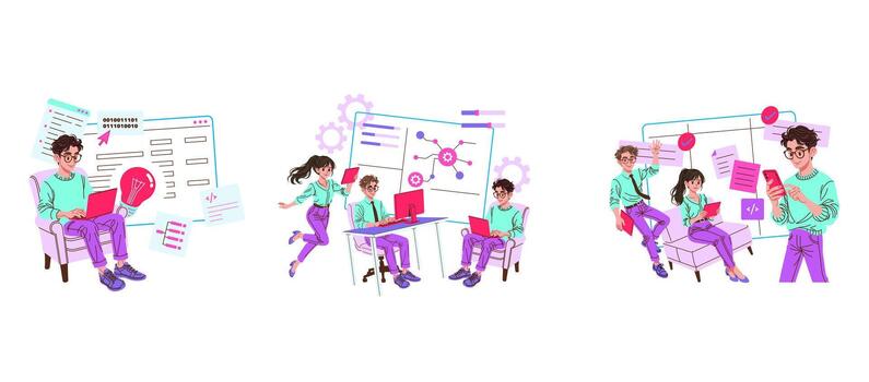 Software Developers Working on Coding and Project Tasks Set vector