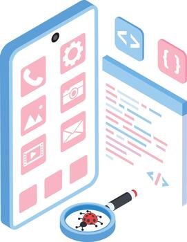 isométrica móvil aplicación depuración y qa pruebas vector