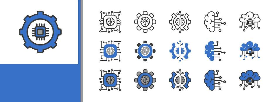 tecnología estrategia sólido icono colocar. presentando artificial inteligencia, ciber seguridad, nube informática, y grande datos. vector
