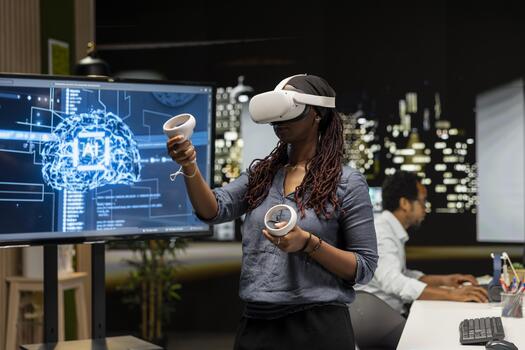 Engineer using virtual reality technology to write code, developing deep learning APIs. Tech startup worker using VR headset to troubleshoot software errors using artificial intelligence photo