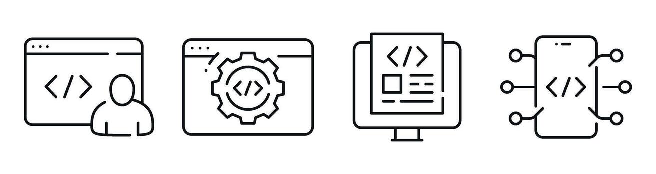 Developer interface icons showing coding tools and app integration. Editable stroke vector