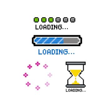 Pixel loading progress bar set vector