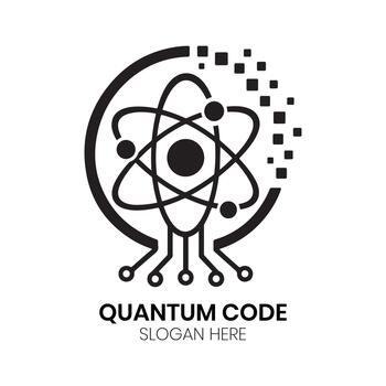 Quantum Code And Digital Technology Logo Design Featuring Atomic Structure And Binary Pixels vector