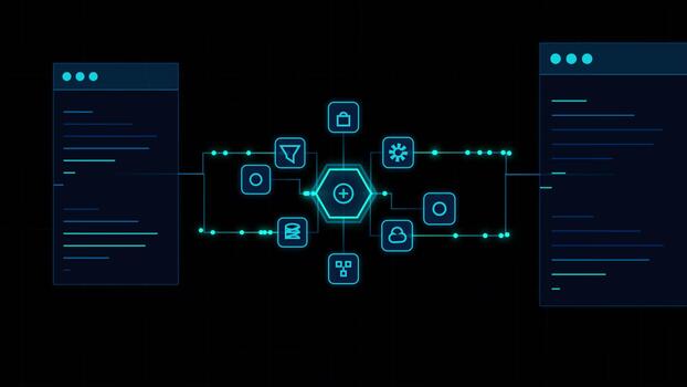 Futuristic AI data processing interface flowchart diagram loop video