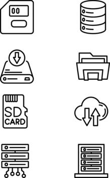 Assorted data storage and cloud computing line icons vector