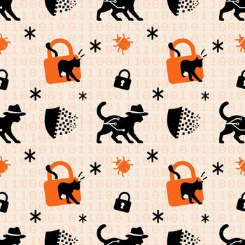 cybersecurity cat hacker pattern seamless padlock with binary code vector