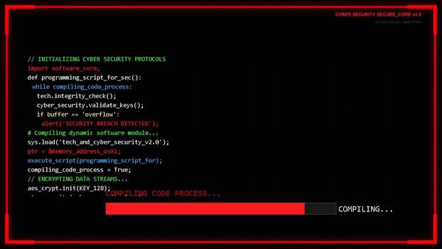 programming code on a computer screen with syntax highlighting and a progress bar, software development and coding background video