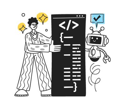 desarrollador colabora con robot en código dibujos animados vector