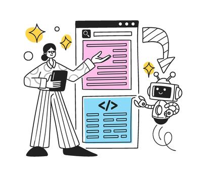 Robot Assisting Developer With No Code Workflow vector