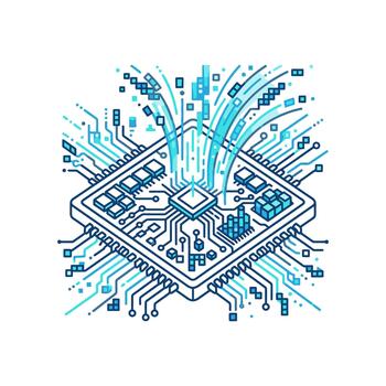 Computer microchip with glowing data streams. vector