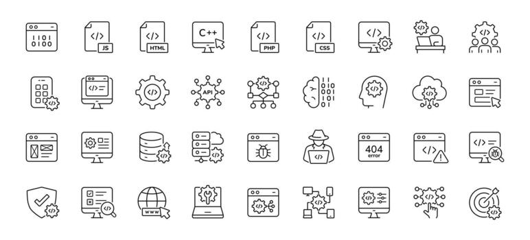 programación y codificación icono colocar. colección de software ingeniería, código, web desarrollo, algoritmo, solicitud y guión idioma línea icono ilustración con editable ataque. vector