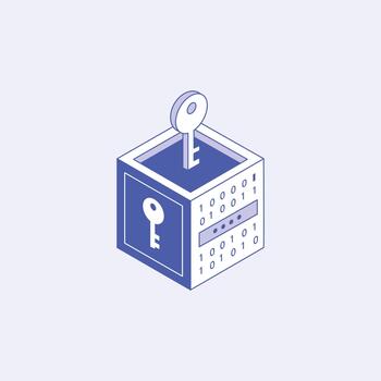 isométrica la seguridad cibernética cubo con llave y binario datos cifrado vector