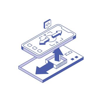 Isometric mobile app development and interface data synchronization vector