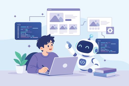 Ai assistant helping programmer code website flat illustration vector