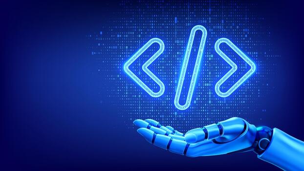 Code generation concept. AI coding and software development with robotic hand and code symbol. Programming, artificial intelligence, automation and digital technology. Binary code background. . vector