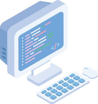 Isometric Desktop Computer with Code Syntax vector