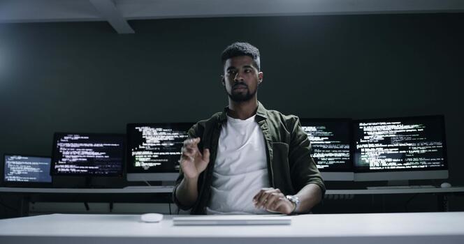 Software development, virtual screen and man coding machine learning AI, cloud computing system or code. Night, developer and coder problem solving server, database or work late on big data security video