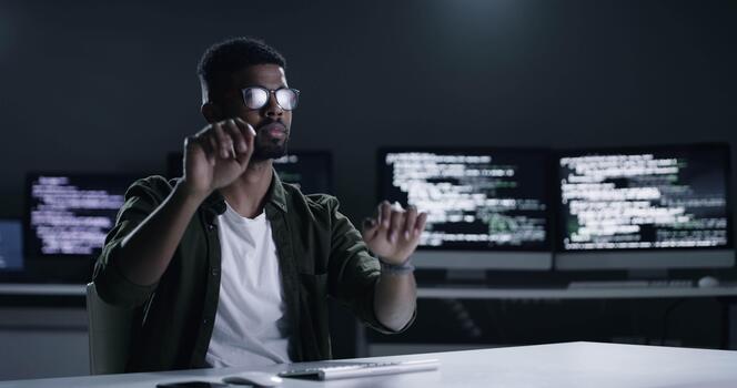 Cyber security, virtual screen and man coding software development, cloud computing system or HTML code. Research, developer and coder problem solving, reading or scroll on online database at night video