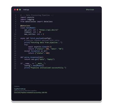 Python script code editor interface with asynchronous data processing vector