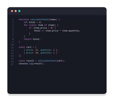 JavaScript code editor interface displaying shopping cart calculate total function with syntax highlighting vector