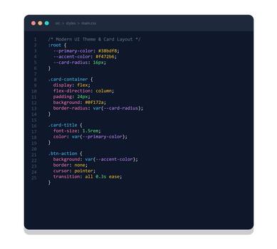 CSS stylesheet code editor interface showing UI theme variables and card layout styling vector