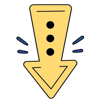 Yellow downward arrow doodle illustration for decrease drop direction pointer presentation infographics sticker design asset vector