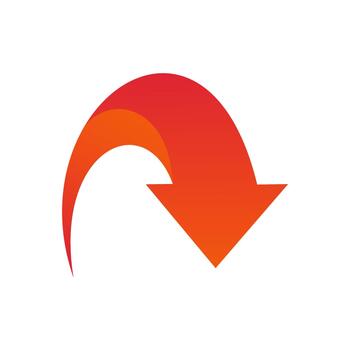Downwards curved arrow icon in red and orange gradient representing download and decrease. vector