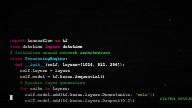 Scrolling lines of python programming code for artificial intelligence development, machine learning neural network architecture, data processing, backend engineering video