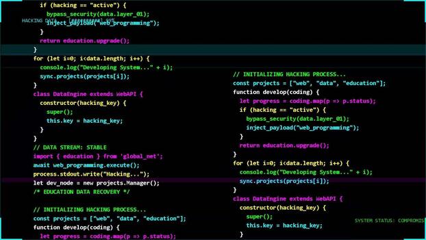 Abstract digital programming code screen with software script and algorithm syntax lines for technology developer interface background video