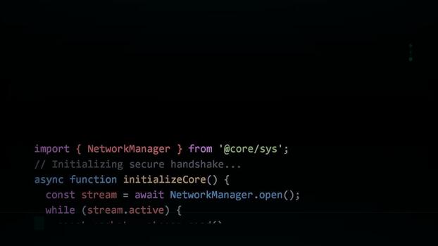 Software code scrolling on dark computer screen, showing programming logic, cyber security, data processing, algorithm development, digital infrastructure video
