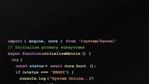 Computer code editor interface displaying asynchronous programming logic, server status checks, software development and backend systems video