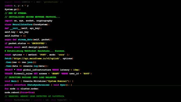 Computer code syntax highlighting on dark background, programming environment, software development, coding sequence, script execution, tech industry video