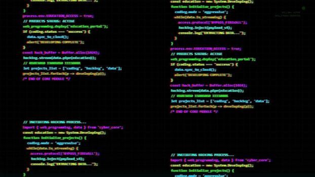 Glitch effect programming code lines on dark screen, digital software development background, cyber security, data analysis, binary patterns video