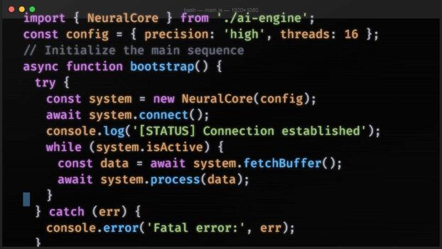 Computer screen displaying asynchronous programming code, software development process, syntax highlighting, programming logic, data processing and algorithm implementation video