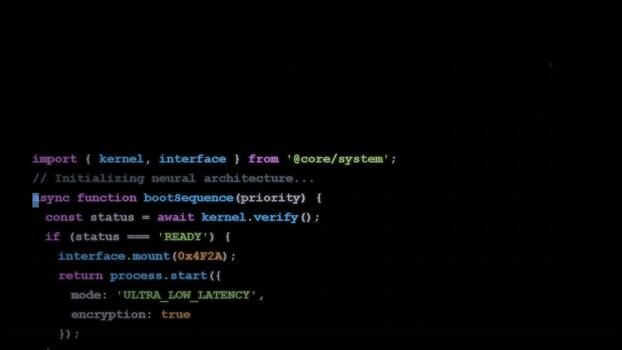 Computer programming source code scrolling on black screen, software development process, cyber security analysis, digital data flow video