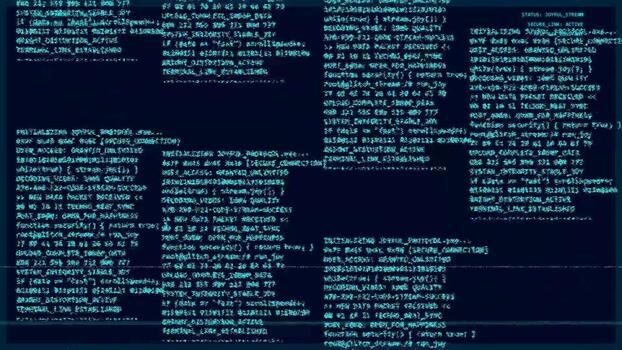 Data streaming and system command line interface with scrolling programming code and binary numbers video