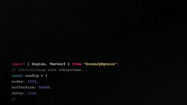 Computer screen displaying programming code script, software development process, terminal interface with syntax highlighting, technical background video